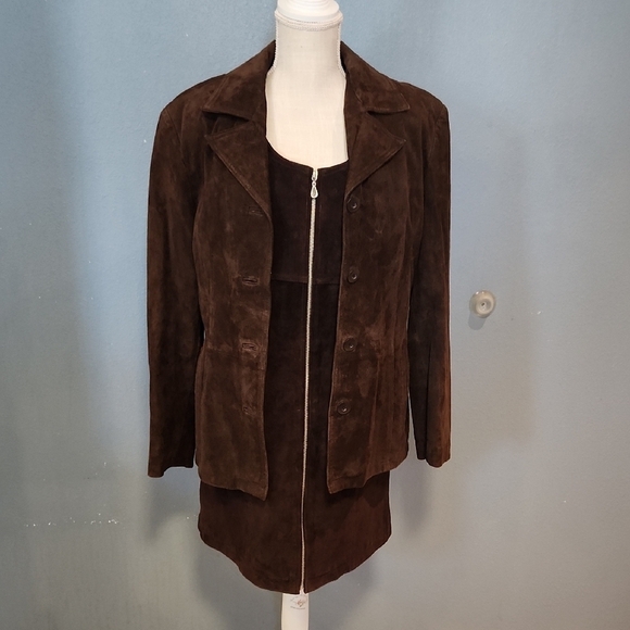 Maxima Wilson ChocolateBrown Suede Leather Sleeveless Midi Dress and Moto Jacket